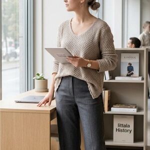 Three Dots Oatmeal Mohair Blend Waffle Knit V-Neck Sweater L Cozy Minimal Boho